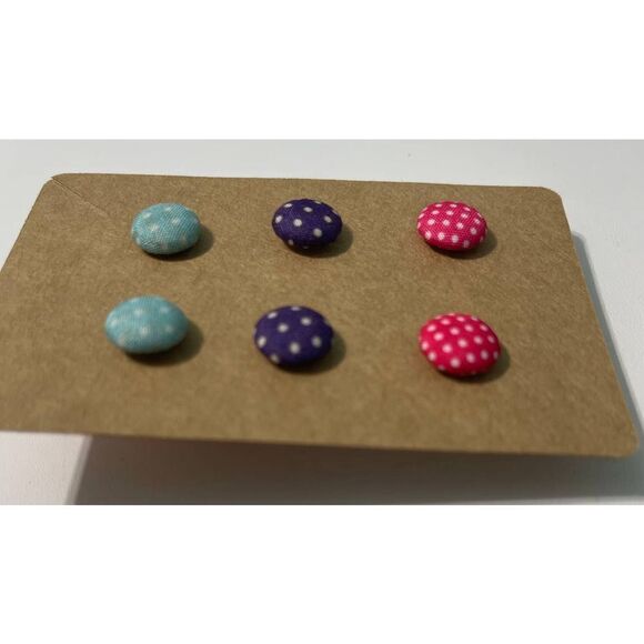 Fabric Covered Button Earrings Stud‎ Set Pink Purple Teal Blue Polka Dots Round - Picture 2 of 5